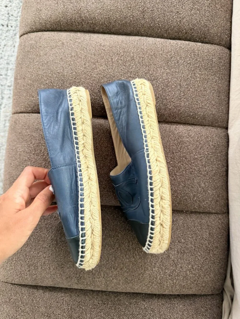 Chanel Espadrilles Navy Leather Black Cap Toe 36